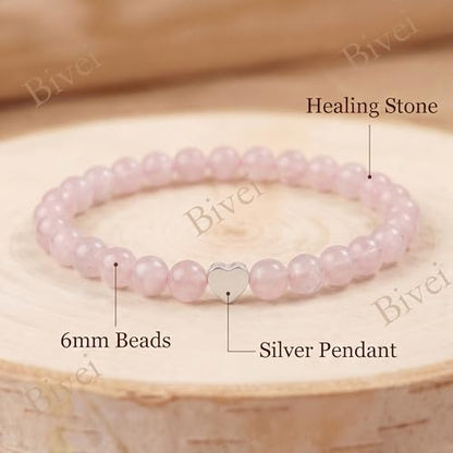 Bivei Crystal Stretch 6mm Bracelets for Women | Handmade Natural Stone Beaded Stretch Bracelet, Stainless Steel Heart Bead, Tranquility Yoga Gift Jewelry for Women - color: Rose Quartz - Self-Love