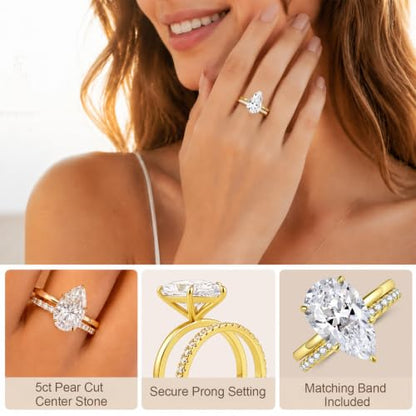 5CT Elongated Pear Shaped Cut Engagement Ring Set for Women, Wedding Promise Cubic Zirconia Band, 14K Gold/White Gold Plated Stackable Bridal Eternity Rings, Size 5-9 - color: Gold