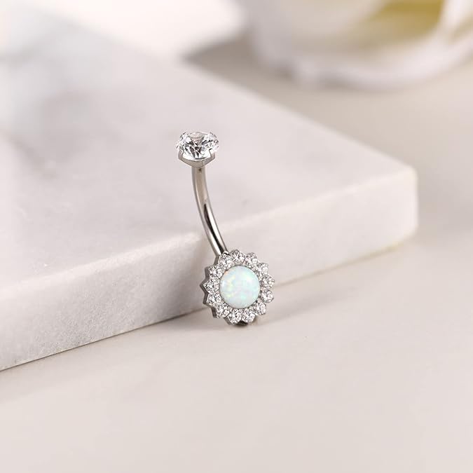 G23 Titanium Belly Button Ring 14G Golden Silvery Belly Ring for Women, Halo Internally Threaded Flower Opal Piercing Jewelry 8/10/12/14mm Barbell with Cubic Zirconia - color: 1PCS-Silver(8mm) -Clear CZ