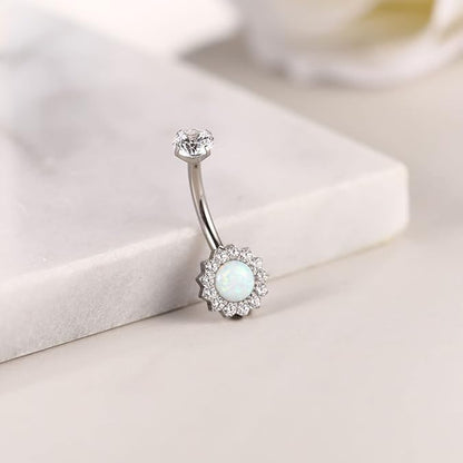 G23 Titanium Belly Button Ring 14G Golden Silvery Belly Ring for Women, Halo Internally Threaded Flower Opal Piercing Jewelry 8/10/12/14mm Barbell with Cubic Zirconia - color: 1PCS-Silver(8mm) -Clear CZ