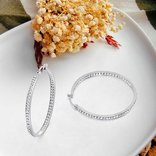 2 Inch Earrings for Women, Large Hoop Earrings for Women Rhinestone Crystal Stainless Steel Earrings - color: Silver