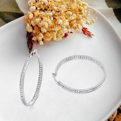 2 Inch Earrings for Women, Large Hoop Earrings for Women Rhinestone Crystal Stainless Steel Earrings - color: Silver