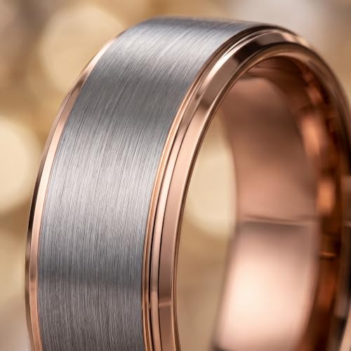 Tungsten Wedding Band Ring Black 10mm Men Women Comfort Fit 18k Rose Gold Step Edge Brushed Polished - color: Rose Gold Grey Tungsten