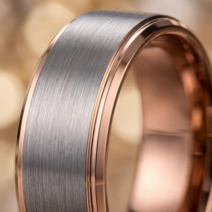 Tungsten Wedding Band Ring Black 10mm Men Women Comfort Fit 18k Rose Gold Step Edge Brushed Polished - color: Rose Gold Grey Tungsten