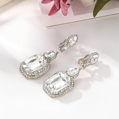 Women's Wedding Bridal Crystal Emerald Cut Infinity Figure 8 Chandelier Clip-On Dangle Earrings - color: Clear Silver-Tone