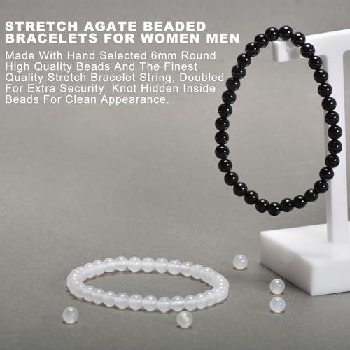 2PCS Agate Bracelet for Women Men Natural Round Beaded Agates Stone Healing Stretch Bracelets Elastic Handmade Polished Gemstone Beads Bracelet - color: Black+White, size: 6mm Beads