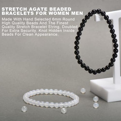 2PCS Agate Bracelet for Women Men Natural Round Beaded Agates Stone Healing Stretch Bracelets Elastic Handmade Polished Gemstone Beads Bracelet - color: Black+White, size: 6mm Beads