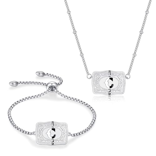2 Pcs Belt Buckle Initial Necklace Bracelet Jewelry Set for Women, 18K Gold/Silver Plated Belt Buckle Initial A-Z Necklace Bracelet Set Unique Western Style Jewelry Gifts - style: C