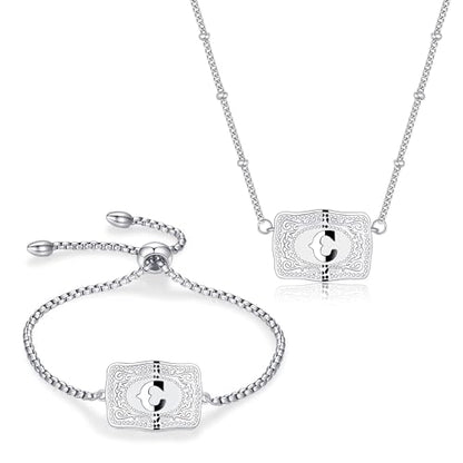2 Pcs Belt Buckle Initial Necklace Bracelet Jewelry Set for Women, 18K Gold/Silver Plated Belt Buckle Initial A-Z Necklace Bracelet Set Unique Western Style Jewelry Gifts - style: C