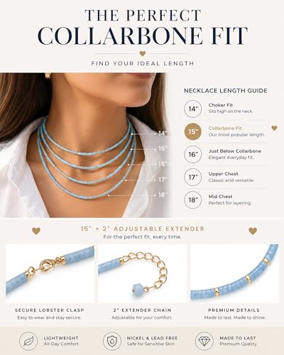 Natural Heishi Gemstone Choker Necklace for Women, Adjustable 15"+2" Beaded Layering Necklace, Coastal Beach Jewelry Gift for Her - color: Aquamarine