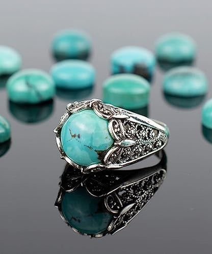 Filigranist 925 Sterling Silver Filigree Art Women Mini Dome Cocktail Ring with Gemstone, Gift Boxed - color: Turquoise