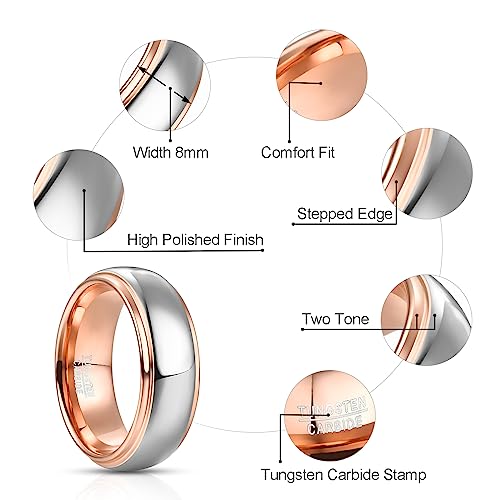 NUNCAD Men Women Tungsten Wedding Engagement Band | 4/6/8mm Two-tone Gold Silver, Domed Polished Step Edges, sizes 5-12 Wedding Band - color: 8mm-Rose Gold & Silver