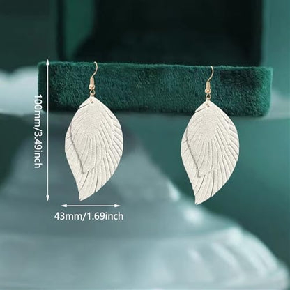 Handmade Bohemian Large Soft Genuine Leather Fringe Double Feather Dangle Drop Earrings Lightweight Simple Color PU Leaf Hook Earrings for Women - color: White