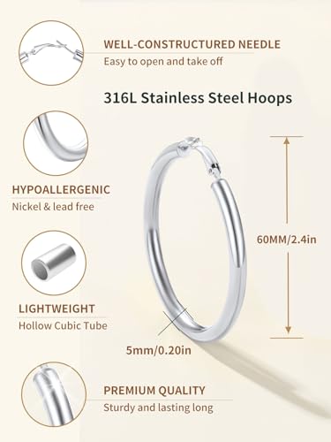 FindChic Hoop Earrings for Women, Silver/Black/14K Gold Plated Hypoallergenic Hollow Round Tube Loop Earrings, 20mm/30mm/40mm/60mm/80mm Chunky Hoops with Custom Name Options & Gift Box - color: b.Silver, size: 60MM