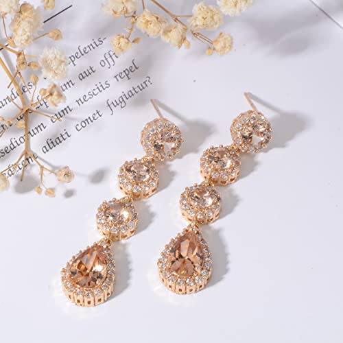 Women's Cubic Zirconia Bridal Earrings - Elegant Long Wedding Party Prom Earring for Bride Bridesmaids Crystal CZ Rhinestone Chandelier Statement Dangle Drop Earrings for girls - color: Champagne-gold
