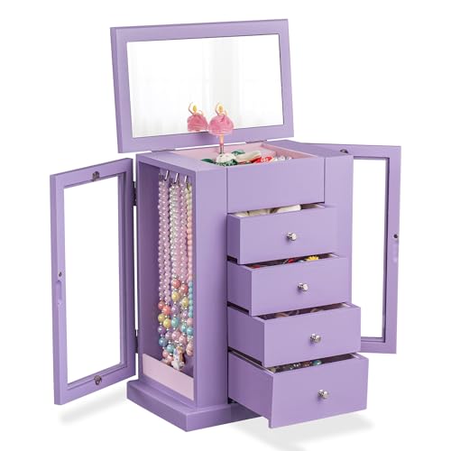 Emfogo Jewelry Box for Girls, Musical Jewelry Box with Spinning Dancer Gifts for Little Girls Christmas New Year Birthday Children's Day, 5 Layer Large Wooden Kids Music Jewelry Organizer Box(Purple) - color: Purple