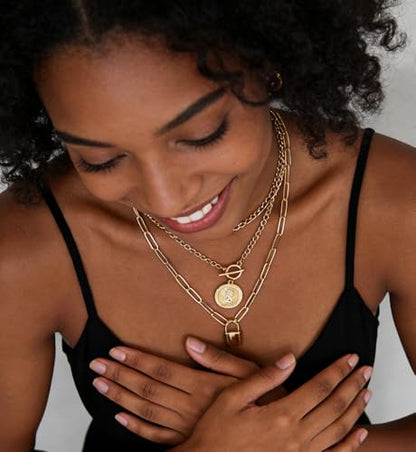 iF YOU Vintage Gold Layered Necklaces for Women Trendy, Chunky Cuban Link Paperclip Chains Necklace Stack, Coin Pendant Necklace Set Jewelry Gifts - style: 3-layer lock necklace