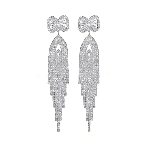 Rhinestone Earrings Dangling for Women Sparkly Silver Dangle Earrings Girls Long Chandelier Earrings Tassel Lightweight Ear Studs Cubic Zirconia (KE001S-W) - color: Bow YXE039PL-W