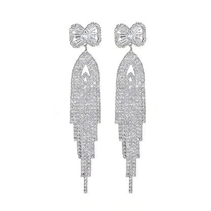 Rhinestone Earrings Dangling for Women Sparkly Silver Dangle Earrings Girls Long Chandelier Earrings Tassel Lightweight Ear Studs Cubic Zirconia (KE001S-W) - color: Bow YXE039PL-W
