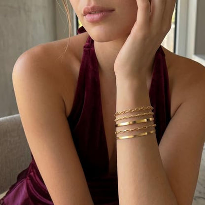Dainty Gold Bracelet for Women Trendy Non Tarnish, Thin Bracelets Stackable Set with Bangle Cuff, Box, Herringbone, Paperclip, Figaro, Sparkling Link Chains Waterproof, Simple Jewelry Gifts for Women - color: style 02-gold