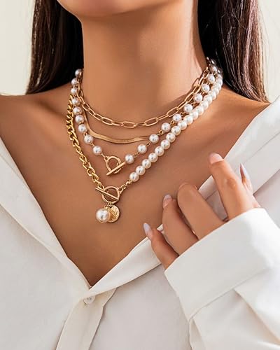 Gold Layered Necklaces for Women Chunky Layered Gold Necklaces Stacked Paperclip Chain Pearl Necklace Herringbone Toggle Clasp Choker Trendy Statement Jewelry Gifts - color: A1:gold layered necklace