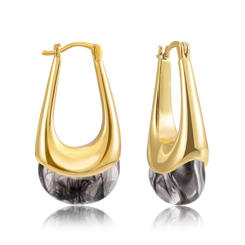LAXPICOL Gold Chunky Dangle Earrings For Women Resin Stone Earrings Hoop Earrings, 18k Plated Oval Resin Stone Statement Earrings for Women Unique Dangling Teardrop Baroque Huggies Hoop Earrings - color: Gold