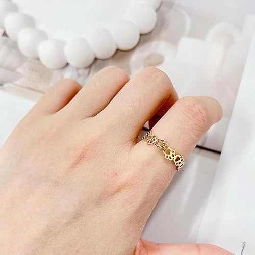 Fashionable and Cute Hollow Cat Claw Footprint Stainless Steel Open Ring Female Creative Couple Ring Animal Jewelry - color: golden
