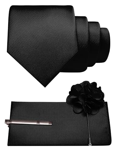 JEMYGINS Formal Necktie Solid Color Tie and Pocket Square with Tie Clip Lapel Pin Sets for Men 4PCS - color: Black