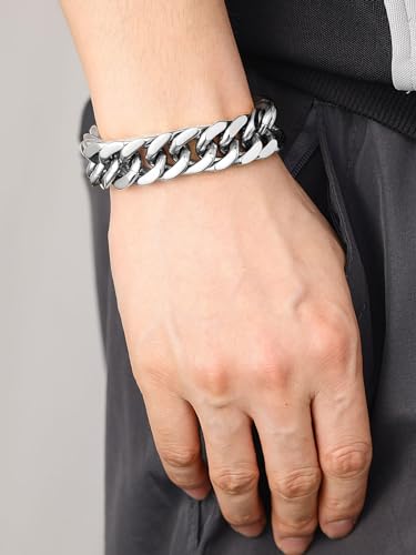 ChainsHouse Stainless Steel Cuban Link Bracelet, 6mm/8mm/12mm/17mm Width, 7.5"/8.3"/9", Black/ 18K Gold Plated Chain Wrist Bracelets for Men Women, Send Gift Box - color: R: Steel-17mm width-custom