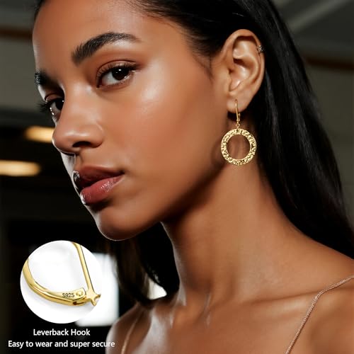 ALEXCRAFT Gold Hammered Double Circle Leverback Dangle Earrings | Hypoallergenic, Drop Handmade, Hammered Round, Minimalist Boho - color: C-14k Gold