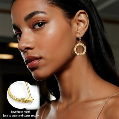 ALEXCRAFT Gold Hammered Double Circle Leverback Dangle Earrings | Hypoallergenic, Drop Handmade, Hammered Round, Minimalist Boho - color: C-14k Gold