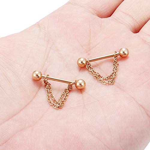 Ruifan Surgical Steel Nipple Shield Rings Tongue Barbell Piercing Jewelry Retainer 14G 5/8Inch Chain Dangle Clear CZ For Women Men 2-20PCS - color: 2PCS - Rose Gold w Balls
