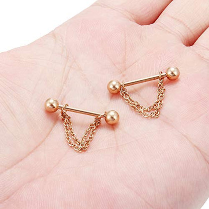 Ruifan Surgical Steel Nipple Shield Rings Tongue Barbell Piercing Jewelry Retainer 14G 5/8Inch Chain Dangle Clear CZ For Women Men 2-20PCS - color: 2PCS - Rose Gold w Balls