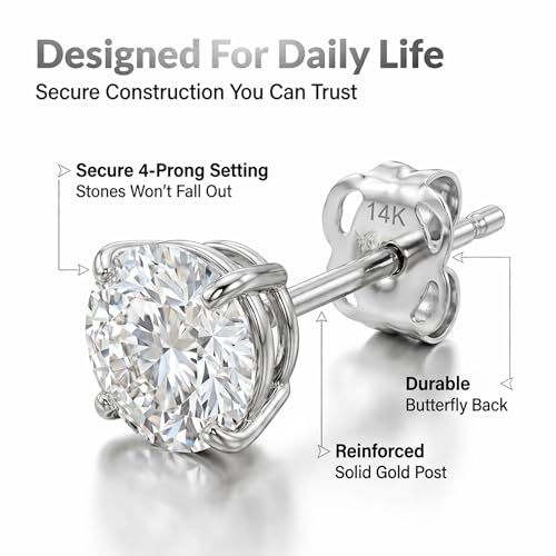 14k Gold Solitaire Round Cubic Zirconia Earrings Studs for Women & Men | Anti Tarnishing CZ Stud Earrings with 14k Gold Butterfly Pushbacks | 4MM-7.5MM by MAX + STONE - color: White Gold, size: 6 mm