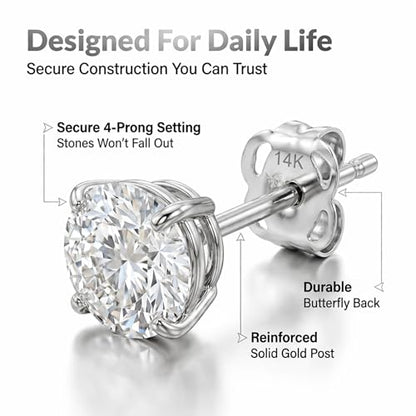 14k Gold Solitaire Round Cubic Zirconia Earrings Studs for Women & Men | Anti Tarnishing CZ Stud Earrings with 14k Gold Butterfly Pushbacks | 4MM-7.5MM by MAX + STONE - color: White Gold, size: 6 mm