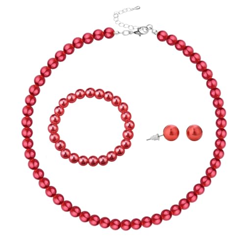 Simulated Pearl Jewelry Set Glass Imitation Pearls Choker Necklace Stud Earrings Elastic Bracelet Costume Jewelry for Women - color: Red