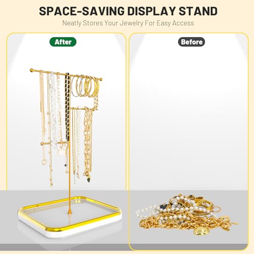 Gold Necklace Holder with Ceramic Base,Jewelry Organizer Stand,1.3ft Height Tall Necklace Hanger Tower Organizer, Aesthetic Jewelry Stand for Necklace, Earring, Bracelets, Rings Display (White)