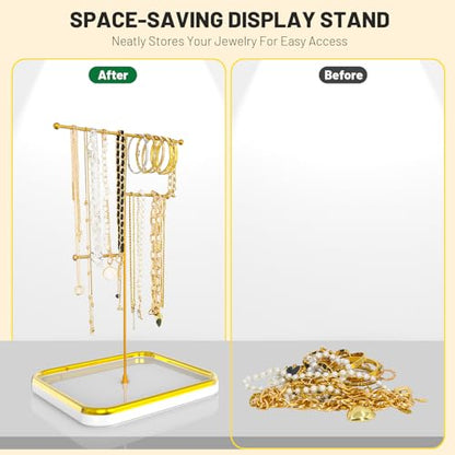 Gold Necklace Holder with Ceramic Base,Jewelry Organizer Stand,1.3ft Height Tall Necklace Hanger Tower Organizer, Aesthetic Jewelry Stand for Necklace, Earring, Bracelets, Rings Display (White)