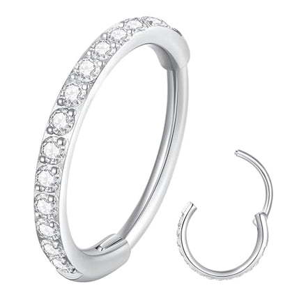 ORANGELOVE 20G 18G 16G Clear CZ Nose Ring Hoop 316L Surgical Steel Seamless Silver Septum Ring Clicker Jewelry Cartilage Earring Ear Piercing Hoop Earrings for Women Men Helix Rook Lobe Conch Tragus Daith Lip Hinged Piercing Jewelry with Cubic Zirconia -