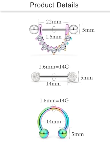 Cisyozi 16G 14G Nipple Piercing Jewelry Tongue Rings Hypoallergenic Surgical Steel Screw Nipple Tongue Shield Ring Barbell Body Piercing Jewelry Retainer for Women 9/16 Inch 14mm - color: E:14G(1.6MM)-8Pairs - Rainbow