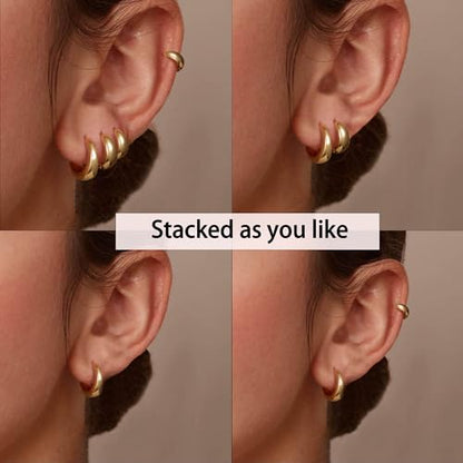 Small Chunky Hoop Earrings for Women, 14K Plated Huggie Stack | Chunky Hoop Stud Earrings Stackable, Lightweight Huggie Cartilage Ear for Multiple Piercing Jewelry Gift for Daily Wear - style: 5 Pairs-Gold