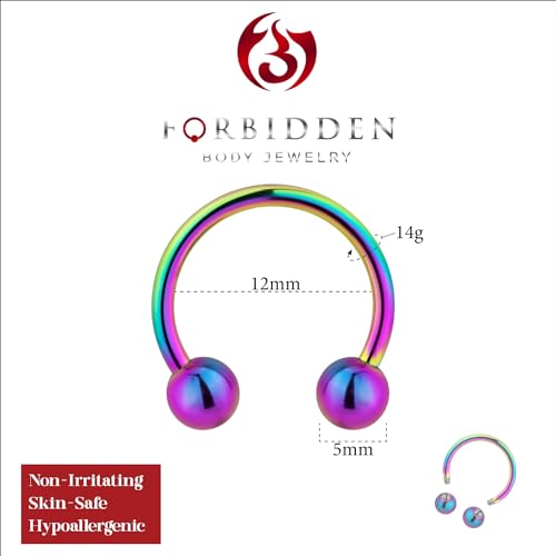 Forbidden Body Jewelry 14g 12mm Surgical Steel Rainbow IP Plated Horseshoe Ball Ring, 5mm Balls