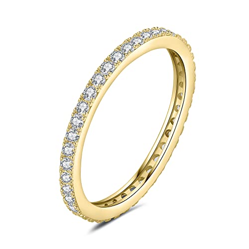 JewelryPalace 6 Stone Cubic Zirconia Half Eternity Stackable Wedding Rings for Women, 14K White Yellow Rose Gold Plated 925 Sterling Silver Promise Rings for Her, Simulated Diamond Wedding Band Ring - color: H-eternity-yellow gold plated Brass