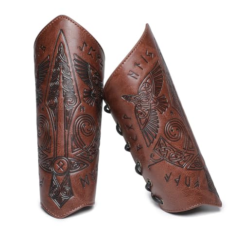Medieval Leather Bracers Dragon Embossed Viking Leather Bracers Leather Arm Armer Cuff Leather Gauntlet Costumes Accessories - style: Medieval Sward Pattern Leather Bracers-light Brown