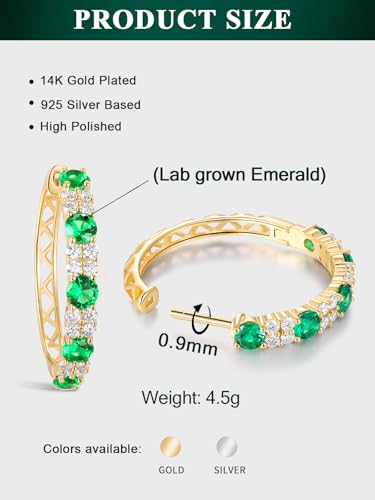 Women's Huggie Hoops with Birthstone 925 Sterling Silver Huggie Stud Hypoallergenic 14K Gold Plated Moissanite Earrings -Emerald Sapphire Ruby Hoop Earrings, Size 20 25mm - color: A -Emerald Gold, size: 25mm (1 Inch)