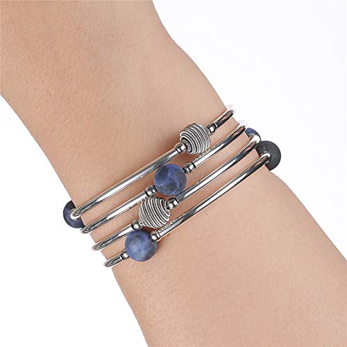PEARL&CLUB Beaded Chakra Bangle Turquoise Bracelet - Fashion Jewelry Wrap Bracelet with Thick Silver Metal and Mala Beads, Birthday Gifts For Women - color: 63-Navy Blue