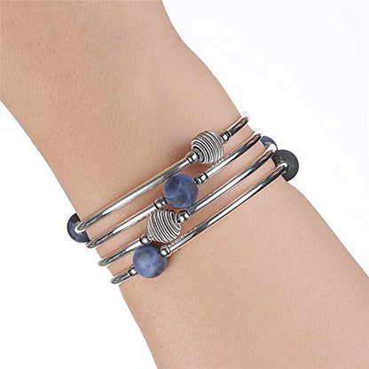 PEARL&CLUB Beaded Chakra Bangle Turquoise Bracelet - Fashion Jewelry Wrap Bracelet with Thick Silver Metal and Mala Beads, Birthday Gifts For Women - color: 63-Navy Blue