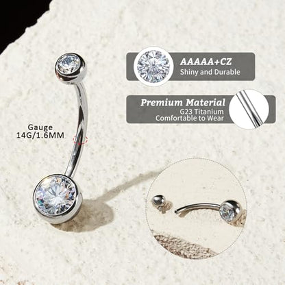 1PC/2PC/3PC G23 Titanium Belly Button Rings 14G 1.6MM Round Cubic Zirconia Belly Rings 6 Sizes of Length to Choose Navel Barbell Belly Piercing Jewelry for Women Men - color: Silver