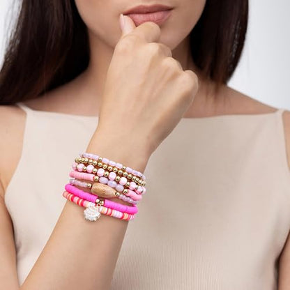Summer Surfer Heishi Bracelet Set for Women Stackable Gold Plated Clay Ploymer Bead Stretch Pink Beach Layering Bracelets Jewelry - color: A-Pink Watermelon shell charm 7pcs