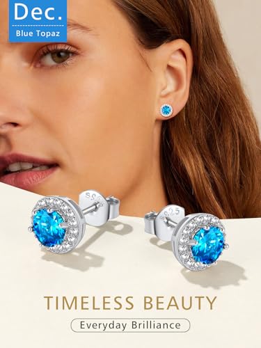 FindChic Birthstone Earrings for Women, Round/Heart/Square/Teardrop Earrings with 925 Sterling Silver Posts & Push Backs, Hypoallergenic Studs with Cubic Zirconia, 12 Months Jewelry with Gift Box - style: 12. December-Blue Topaz (Round)